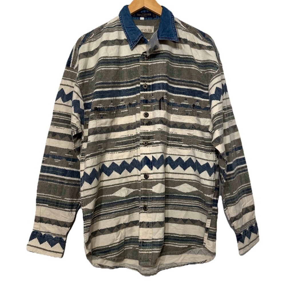 Fryday‎ Southwestern Aztec XL Button Down Shirt  Denim Collar Cowboy Rodeo New